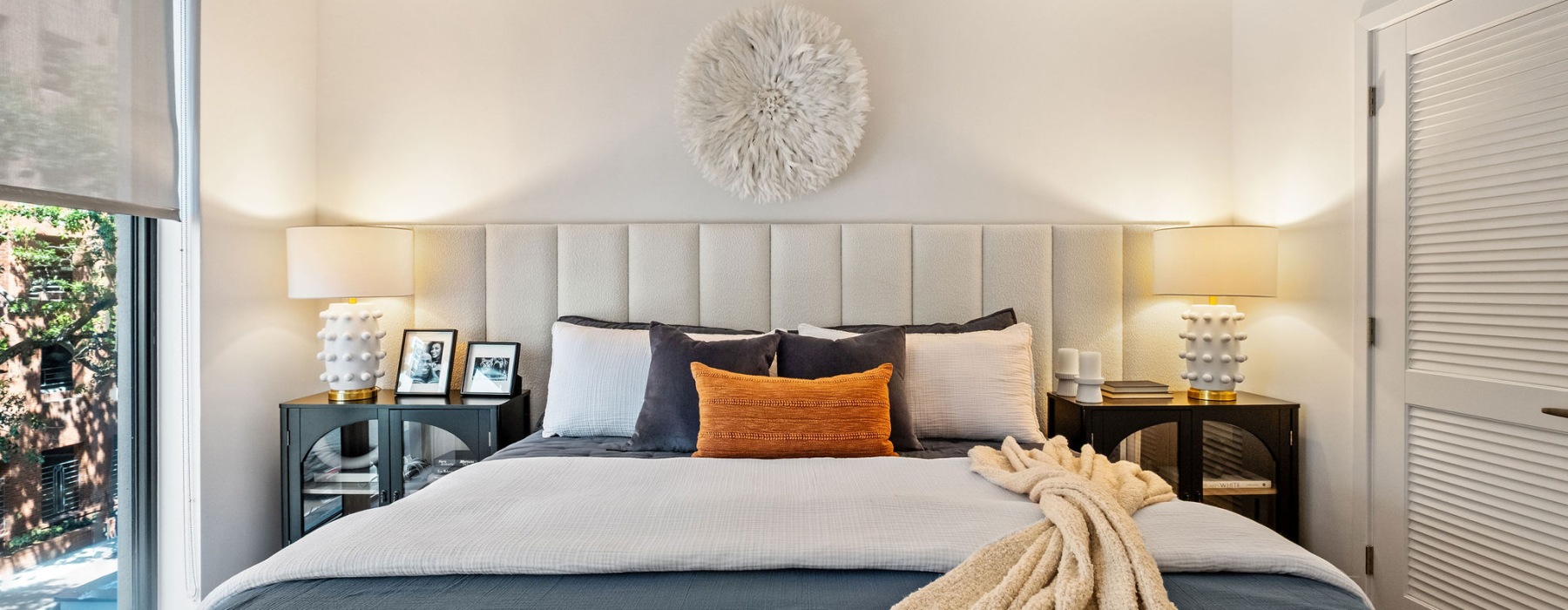 Image of Neutral Colored Bed with Side Tables 